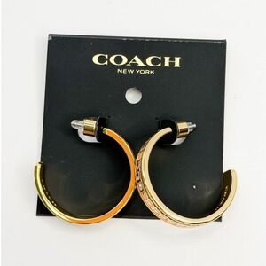 Coach Signature C Enamel Hoop Earrings Gold Tone Tan Brown Medium C-Link NWT